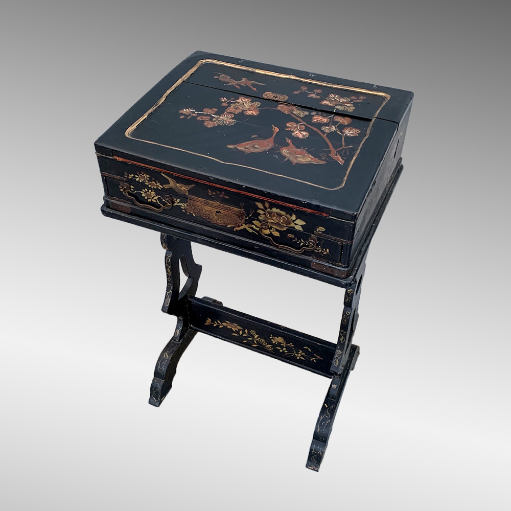 Appraisal: VICTORIAN CHINOISERIE DECORATED LACQUER DAVENPORT DESK Black lacquered Chinoiserie Davenport