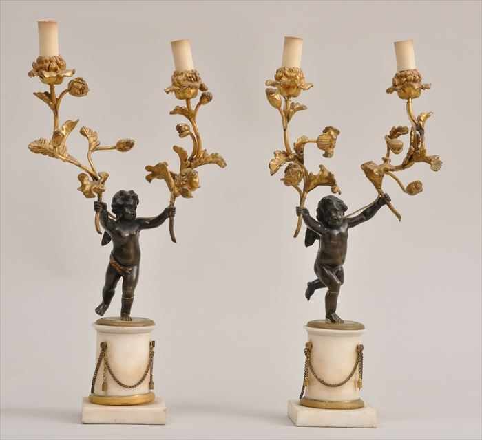 Appraisal: PAIR OF LOUIS XVI-STYLE BRONZE GILT-BRONZE AND WHITE MARBLE TWO-LIGHT