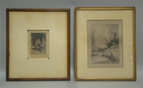 Appraisal: TWO ETCHINGS LAKE SCENE WITH CRANE AND SEATED MAN Etching