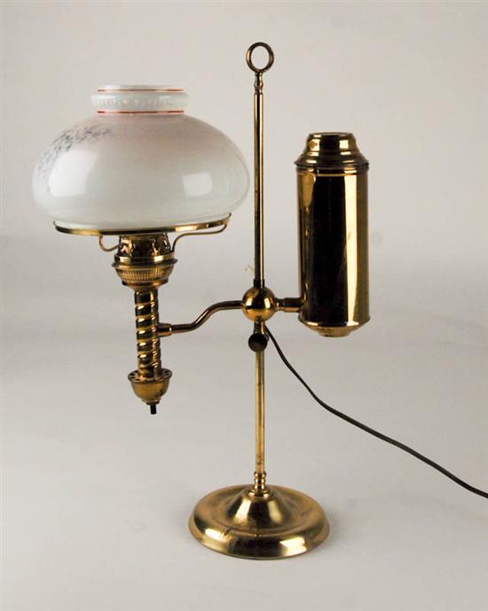 Appraisal: A Brass Single Arm Student Lamp with a decorated milk