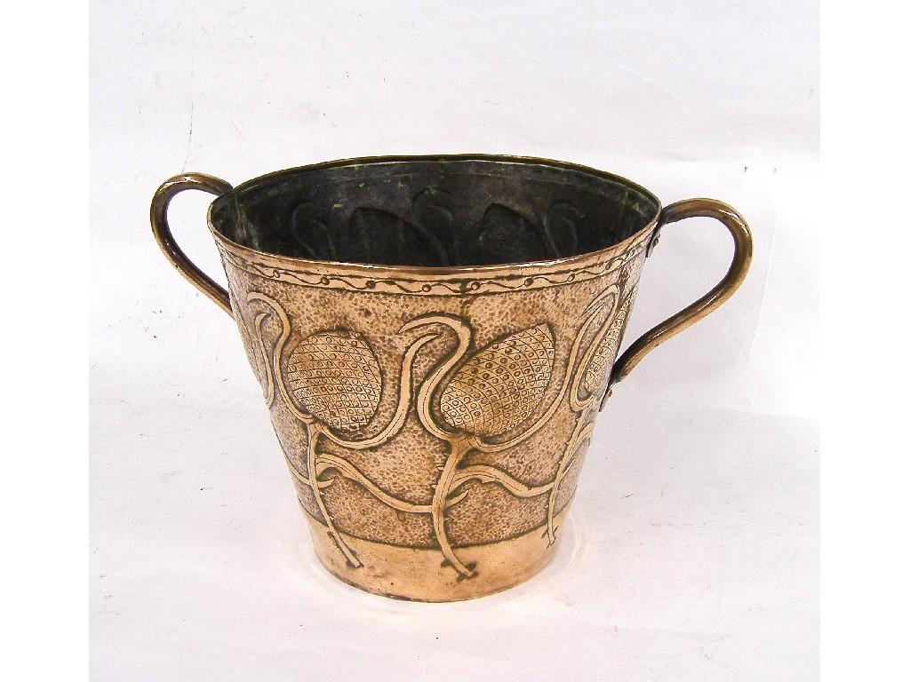 Appraisal: Newlyn style copper twin handled urn with continuous embossed thistle