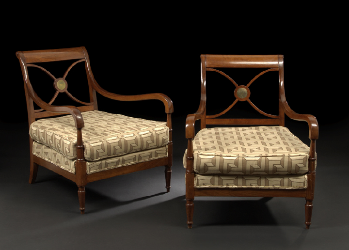 Appraisal: Good Pair of Jansen Empire-Style Brass-Mounted Sycamore Fauteuils each with