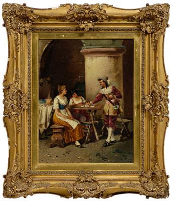 Appraisal: Painting signed Pellerin a game of cards cavalier with two