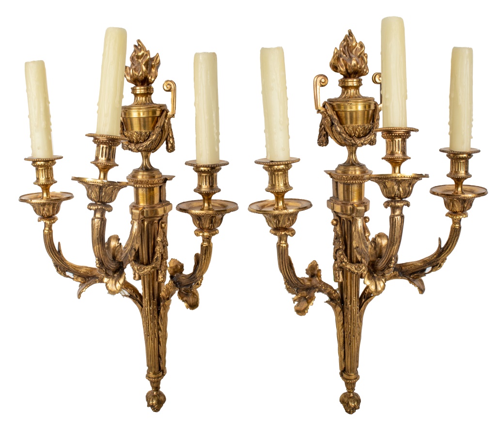 Appraisal: FRENCH GILT BRONZE CANDELABRA SCONCES PR Pair of Louis XVI