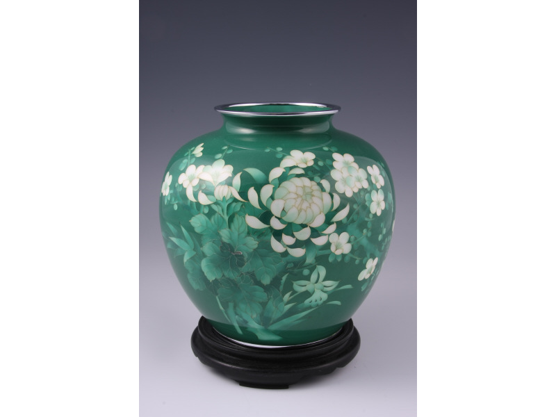 Appraisal: Japanese Cloisonne Jade Green Vase unsigned silver rim and foot