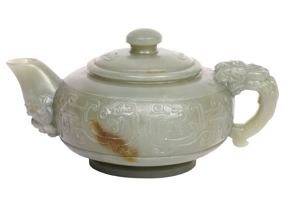 Appraisal: Chinese Carved Jade Teapot Chinese jade teapot carved in high