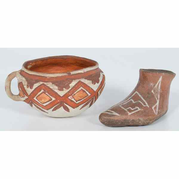 Appraisal: Isleta Coffee Cup and Large Zia Pottery Moccasin lot of