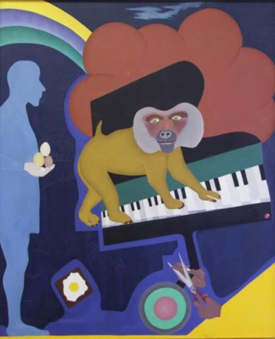 Appraisal: Russian Surrealist th C Oil on Canvas Baboonon a Piano