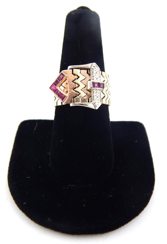 Appraisal: JEWELRY K two-tone ruby buckle ring yellow and rose gold