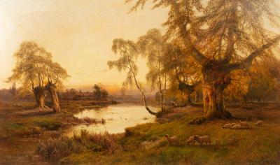 Appraisal: Alfred de Breanski - River Scene with sheep and distant