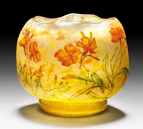 Appraisal: DAUM NANCY VASE circa Acid-etched and enamelled yellow glass Signed