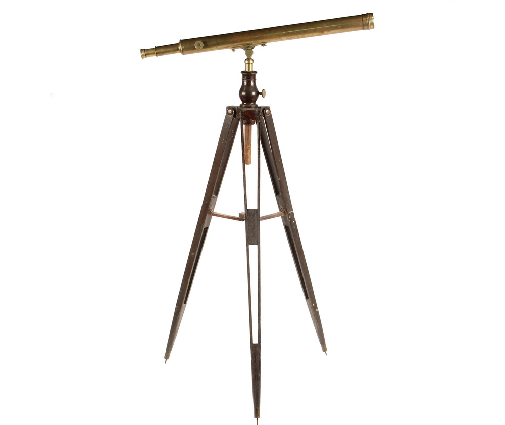 Appraisal: LONG GLASS ON TRIPOD - th c Solid Brass Three-Tube