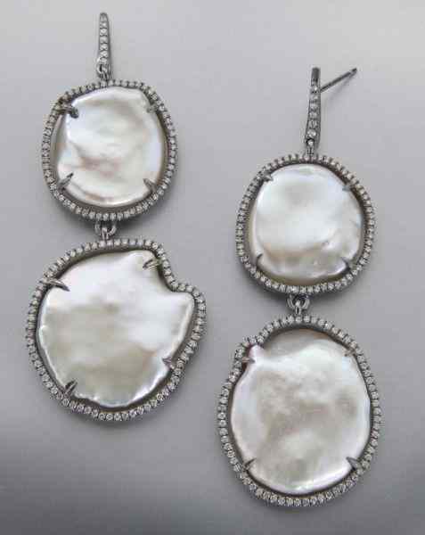 Appraisal: Pr sterling silver diamond and pearl earrings Stamped '' SR''