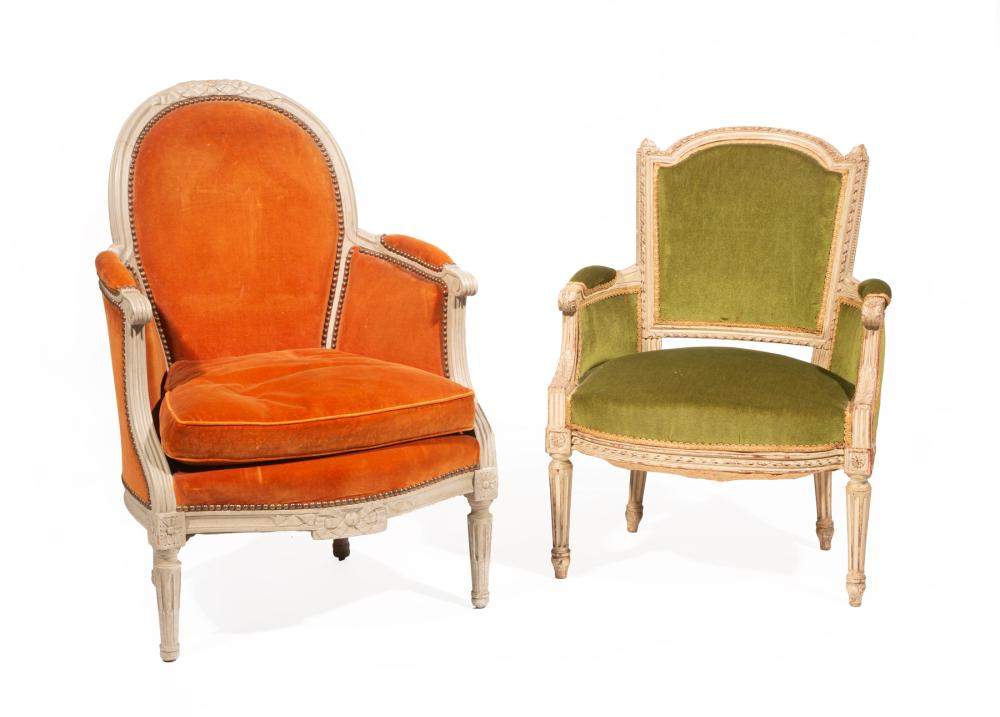 Appraisal: Two Louis XVI-Style Creme Peinte Bergeres one with rounded back