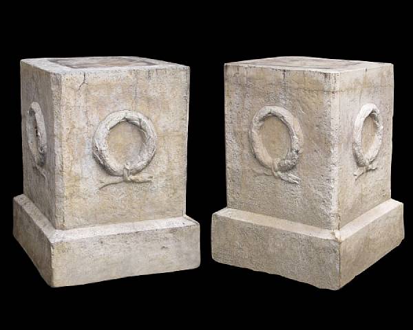 Appraisal: A pair of Regency style cast stone plinths Each square