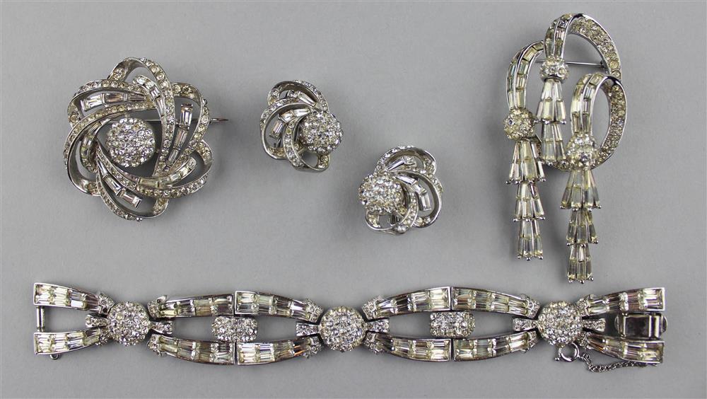 Appraisal: BOUCHER PARURE OF RHINESTONES clear rhinestone bracelet two pins and