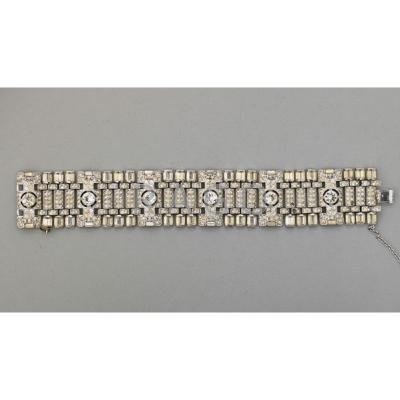 Appraisal: EXCEPTIONAL TRIFARI RHINESTONE STRAP BRACELET Geometric broad links of rhodium