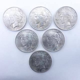 Appraisal: Collection of Six U S Peace Silver Dollars Dates range