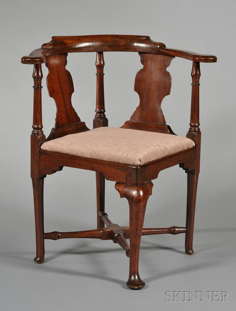 Appraisal: Queen Anne Walnut Carved Roundabout Chair probably Boston c -