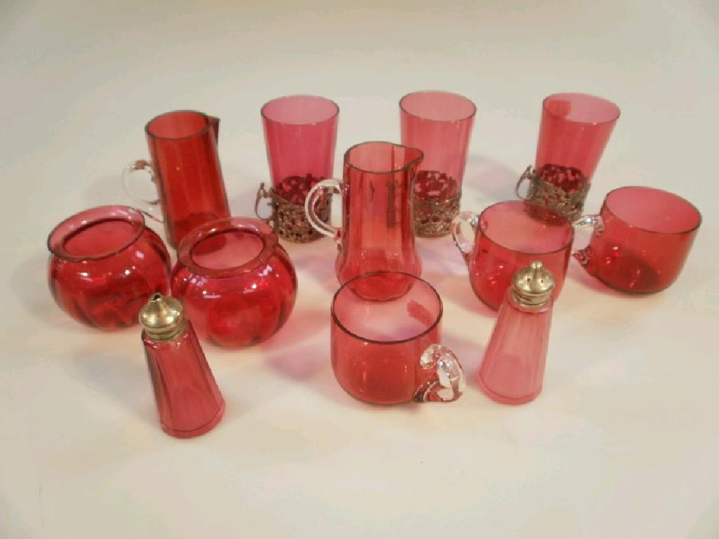 Appraisal: A collection of Cranberry glass including three silver mounted beakers