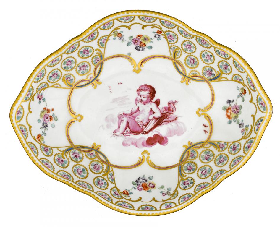 Appraisal: A CHELSEA-DERBY LOZENGE SHAPED DISH painted in bright carmine pink