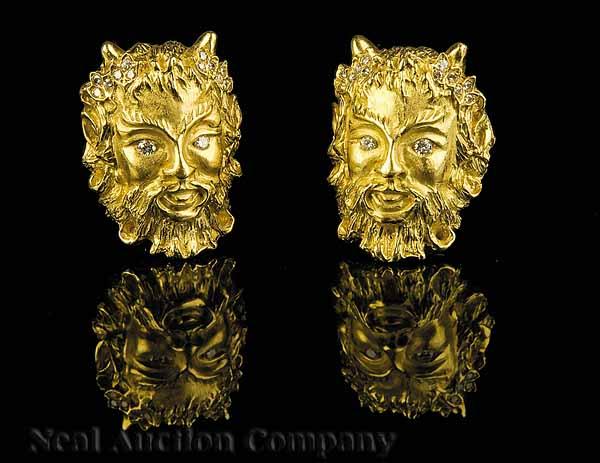 Appraisal: A Pair of kt Gold and Diamond Mask of Pan