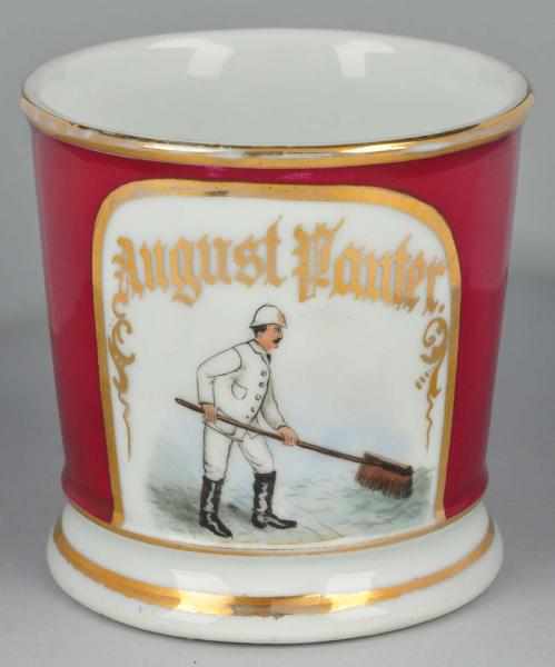 Appraisal: Street Sweeper Shaving Mug Description Gilt name August Panter Shows