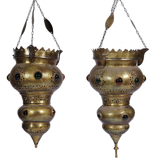 Appraisal: A pair of Moorish brass mosque type lampswith cabouchon mounts