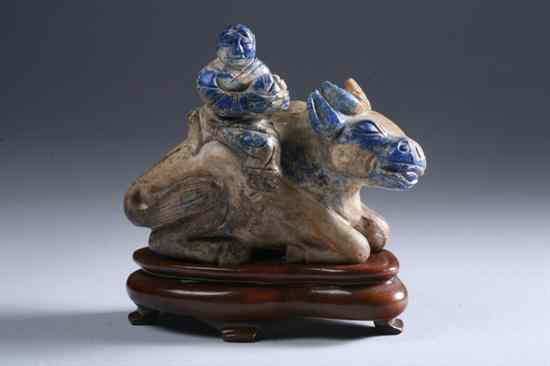 Appraisal: CHINESE LAPIS LAZULI FIGURAL GROUP th century Depicting man on