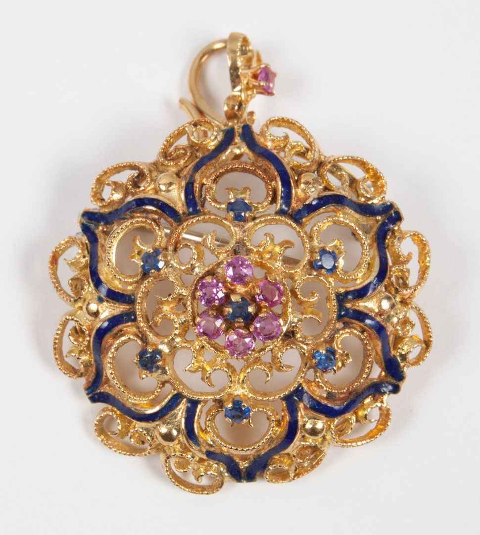 Appraisal: Italian K gold colored stone brooch pendant round filigree brooch