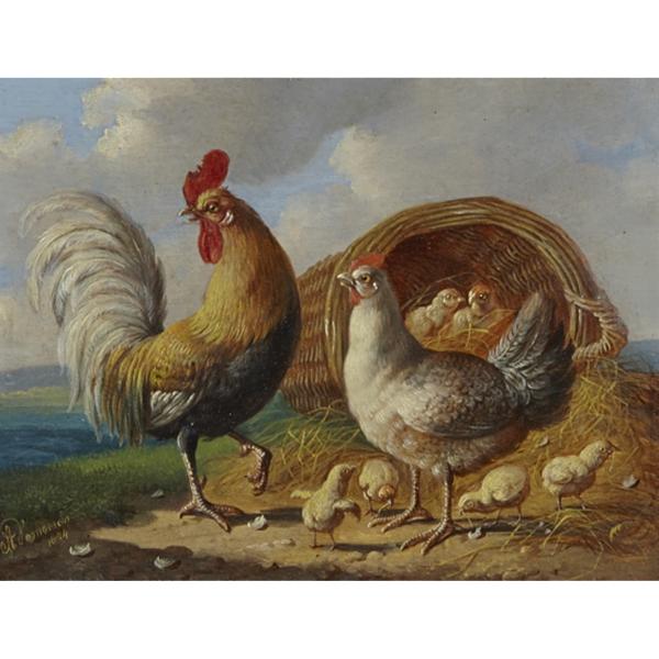 Appraisal: Albertus Verhoesen - ROOSTER CHICKENS AND CHICKS Dutch Pair of