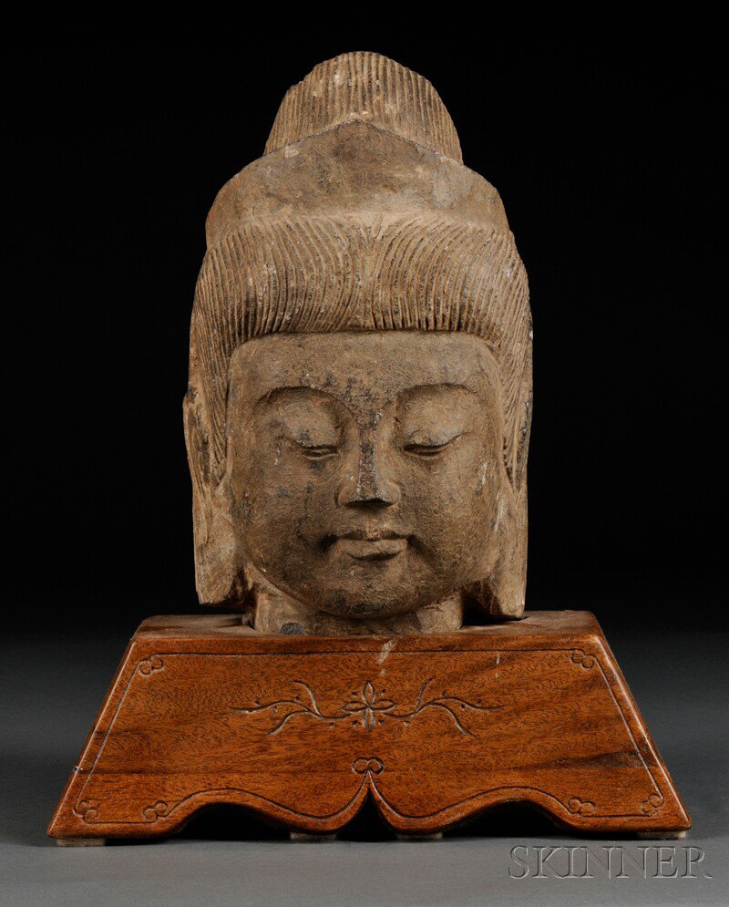 Appraisal: Stone Bodhisattva Head with Stand China of gray stone with