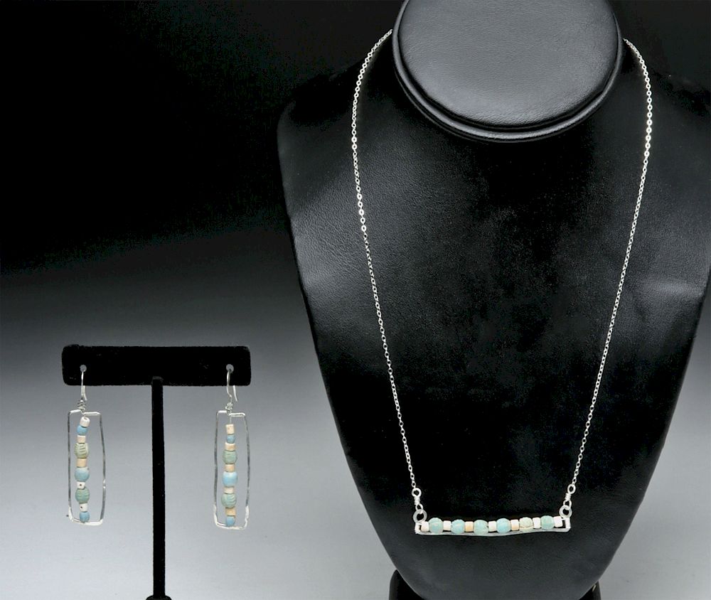 Appraisal: Sumeria Faience Beads on Silver Bar Necklace Earrings Originally Listed