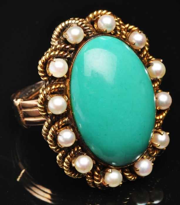 Appraisal: GOLD TURQUOISE AND PEARL RING Unmarked size