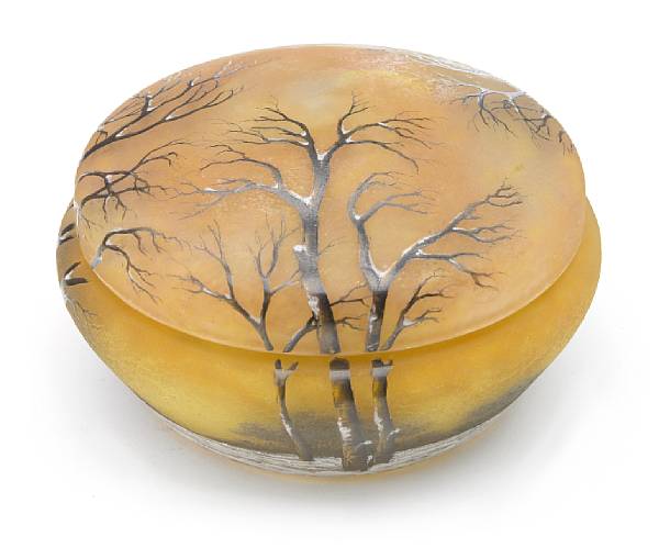 Appraisal: A Daum Nancy enameled cameo glass Winter Landscape box early