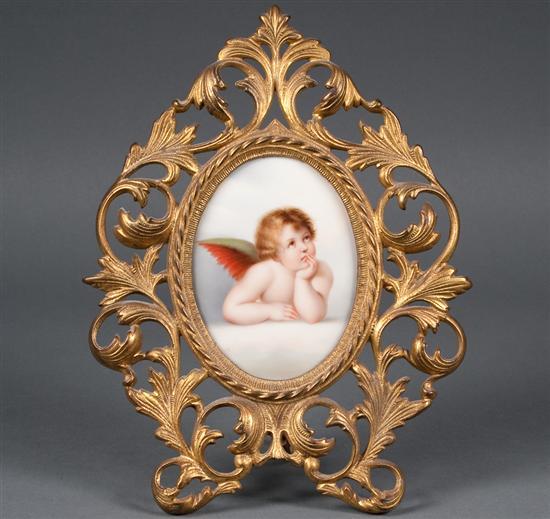 Appraisal: German painted transfer porcelain plaque of an angel after Raphael's