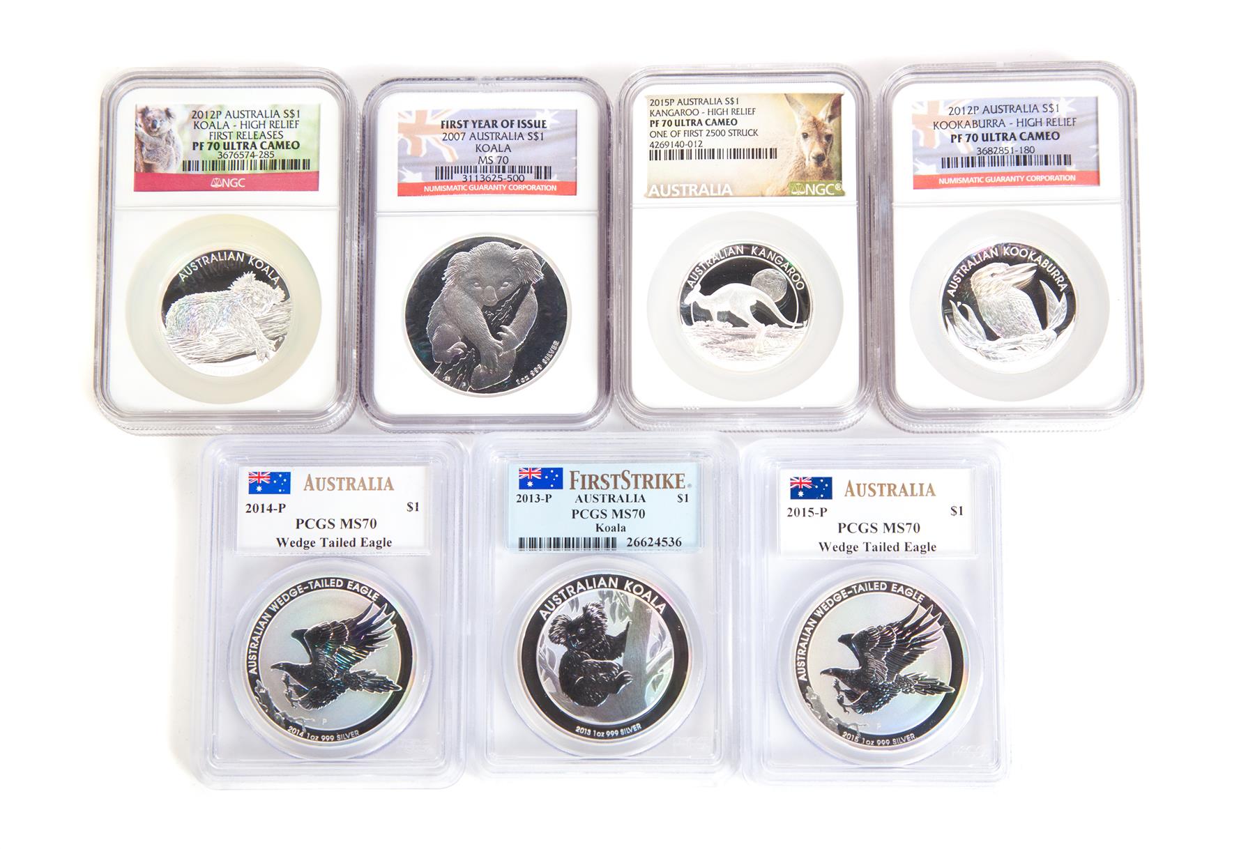 Appraisal: SEVEN SILVER AUSTRALIAN COINS Three with Koalas MS P High