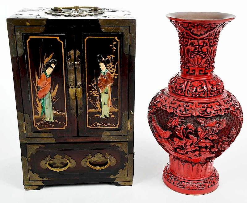 Appraisal: Asian Cinnabar Vase and Figural Jewelry Chest th century Chinese