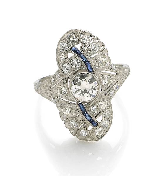 Appraisal: An art deco diamond and sapphire ring circa estimated total