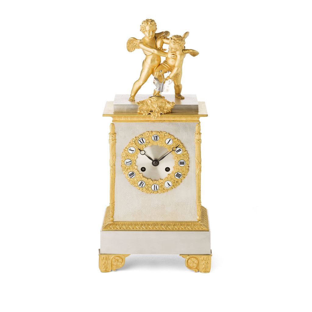 Appraisal: FRENCH SILVERED AND GILT METAL MANTLE CLOCK TH CENTURY surmounted