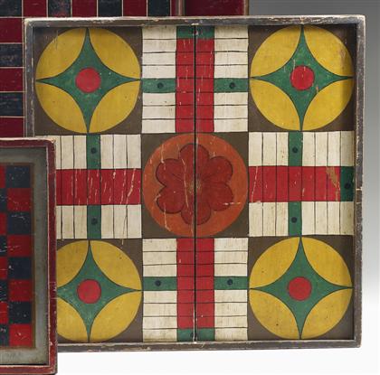 Appraisal: Painted and decorated wooden parcheesi gameboard th century The central