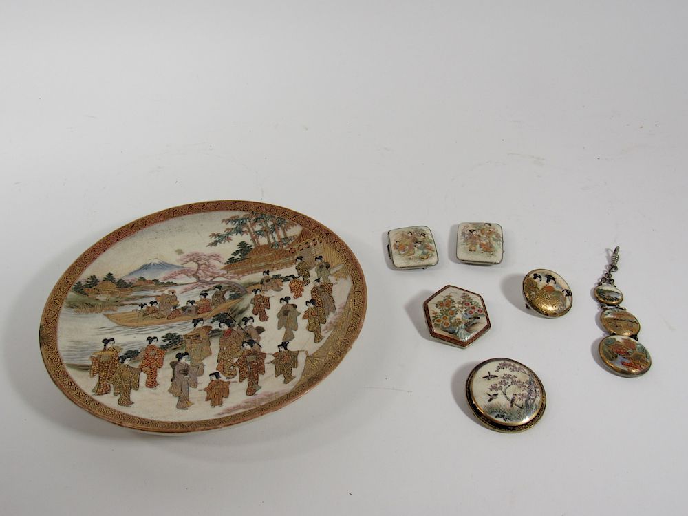 Appraisal: Satsuma Group of Brooches and a Plate brooches with figural