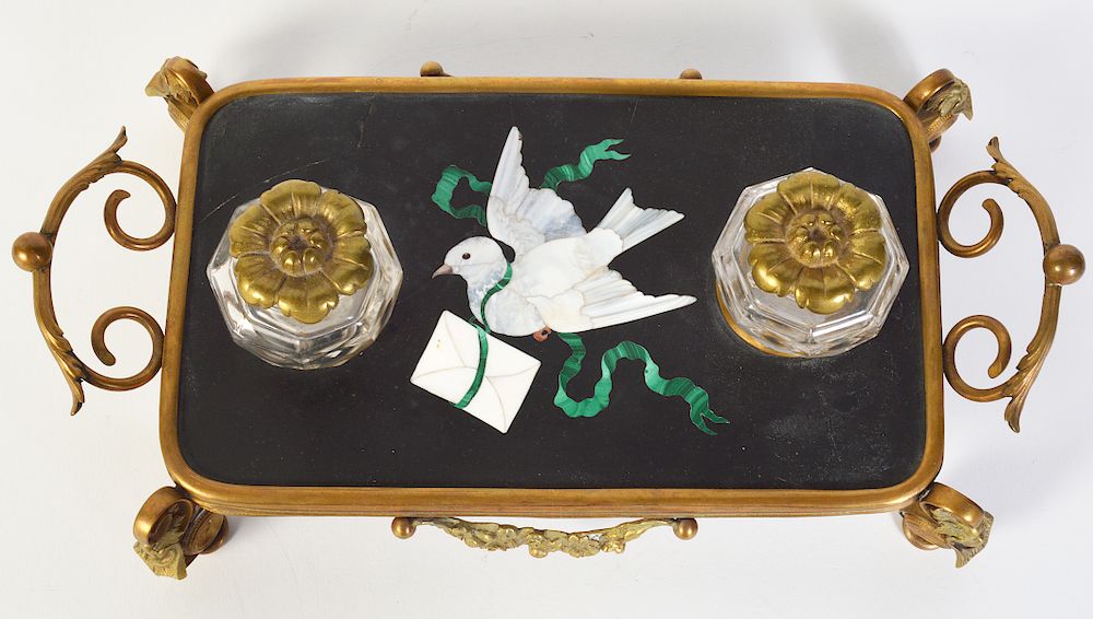 Appraisal: Bronze Mounted Pietra Dura Inkstand Bronze decorative inkstand with pietra