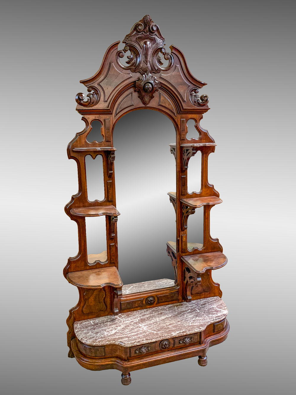 Appraisal: CARVED WALNUT MULTI-TIER ETAGERE WITH MARBLE TOP Carved walnut etagere