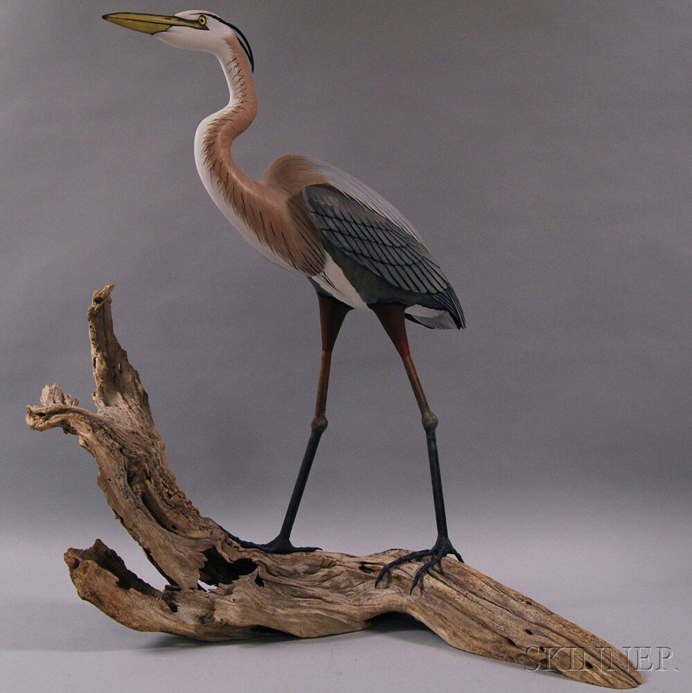 Appraisal: Carved Wood Great Blue Heron Figure in two pieces on