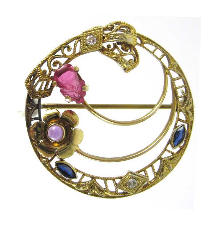 Appraisal: RUBY SAPPHIRE AMETHYST AND DIAMOND BROOCH The k yellow gold