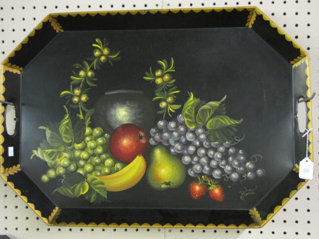 Appraisal: Vintage Tole Painted Tin Tray x with handles decorated with