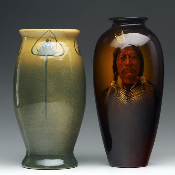 Appraisal: OWENS Two vases Utopian painted by F Best with Native