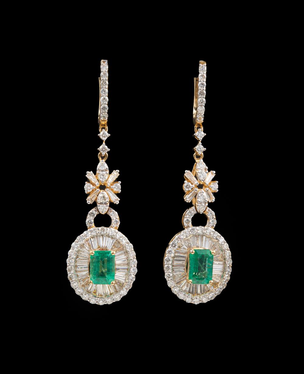 Appraisal: Pair of kt Yellow Gold Emerald and Diamond Dangle Earrings