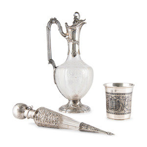 Appraisal: A Continental Silver Decanter Beaker and Perfume a Russian silver